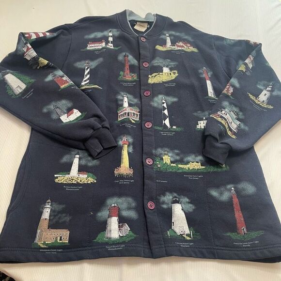 Art Unlimited Sportswear VTG 90s Lignthouse Nautical Navy Blue Sweater Size XL - Picture 1 of 9